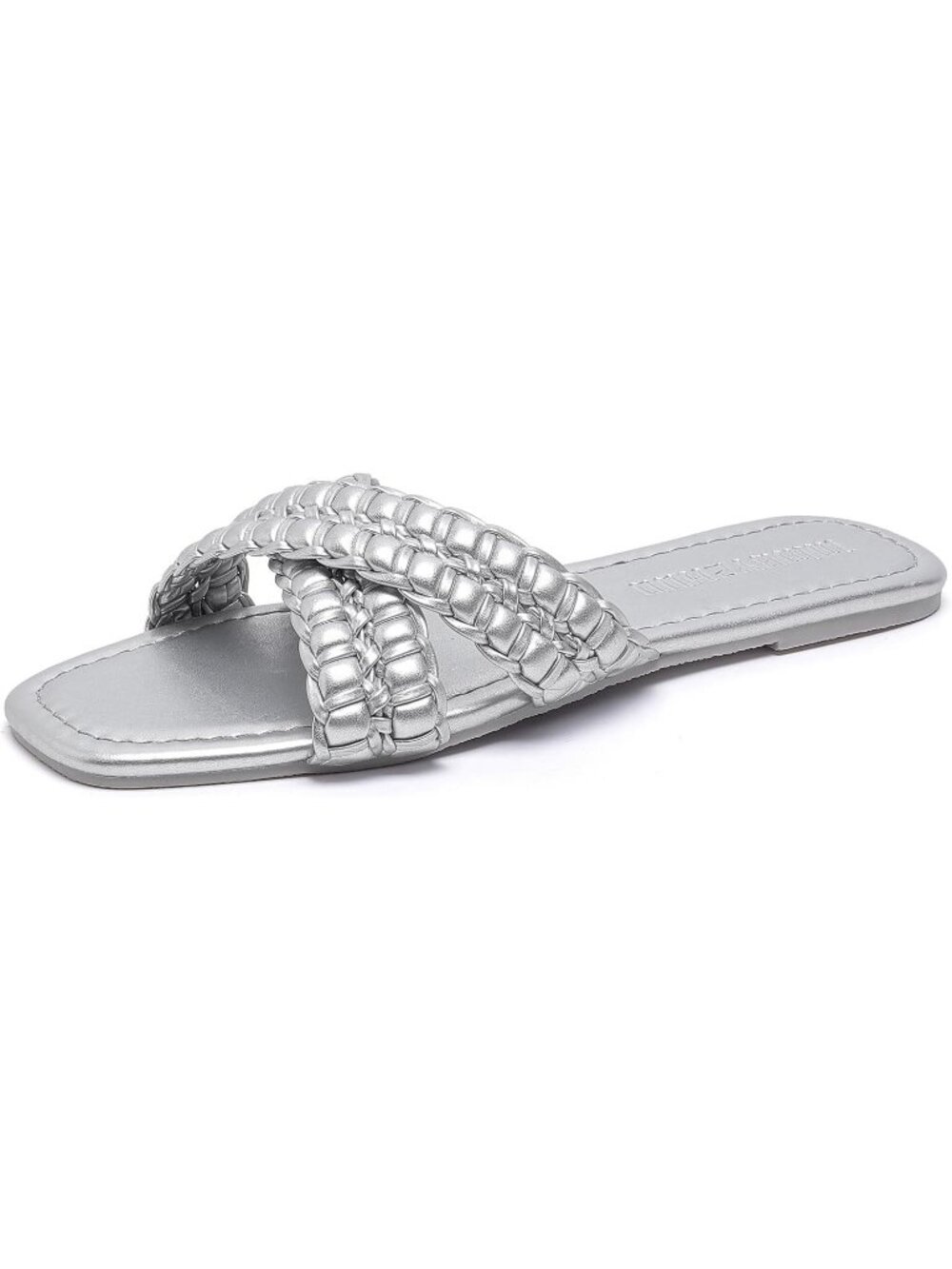 Women's Silver Faux Leather Flat Sandals Comfortable Slip On Braided - Picture 6 of 6